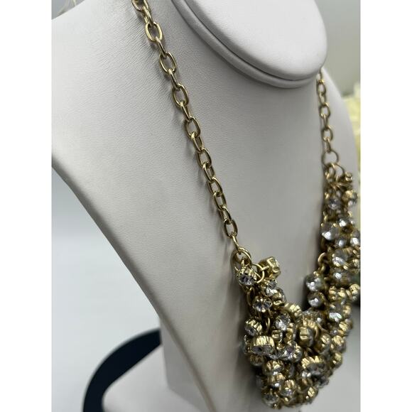 J. Crew Antique Gold Tone Prong Set Rhinestone Cluster Bib Statement Necklace - Picture 6 of 13